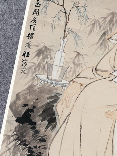 水月观音菩萨近现代张大千南海佛像竹子国画心名家真迹竖幅挂画 - 图1