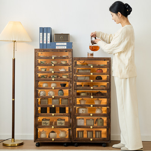 实木带灯感应灯牙科柜展示柜置物架客厅茶具柜茶水柜落地手串文玩 - 图2
