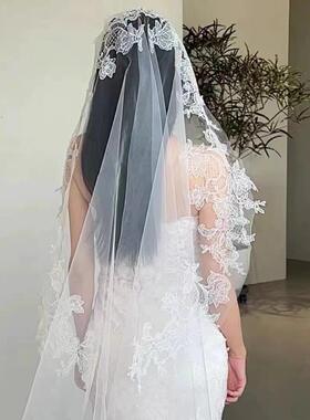 蕾丝头纱新娘主婚纱长款复古法式