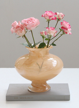 中古法式奶白色高脚手工玻璃花瓶蝴蝶兰花水养花民宿客厅家居摆件