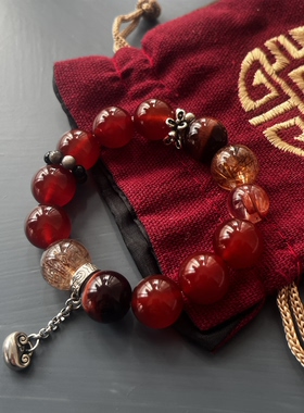 天然红玛瑙手链黑金超七红胶花红红火火属性手串大颗粒多宝送礼