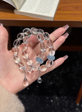 天然水晶海蓝宝手链白水晶手链五行补水手串原创设计