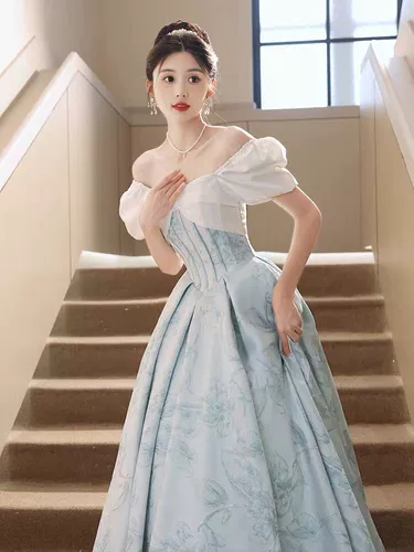 Синее вечернее платье, юбка для школьников, большой размер, открытые плечи