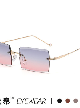 新款无框太阳镜女钻石切边太阳镜方形渐变色墨镜女时尚眼镜