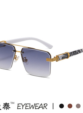 2024新款无框方形切边双梁太阳镜 跨境大理石纹木纹镜腿墨镜