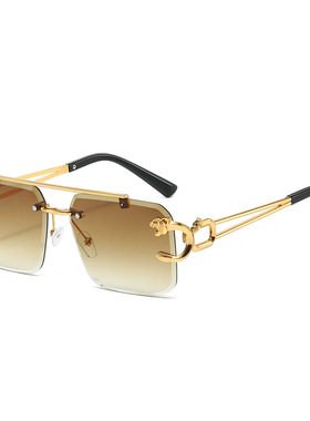 跨境新款双梁切边方形无框眼镜太阳镜男 欧美时尚豹子潮流墨镜女