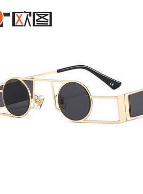 个性朋克小圆框男女摇滚太阳镜 街拍摩登前卫几何金属墨镜T22009
