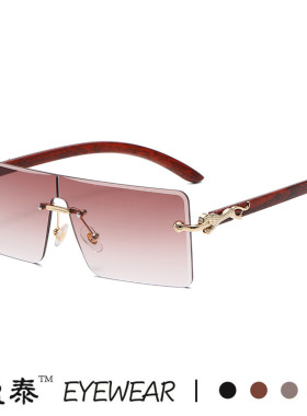 新款欧美连体方框木纹豹子镜腿太阳镜 无框切边猎豹个性潮墨镜女