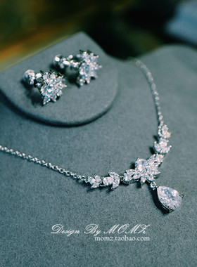 锁骨项链耳环耳夹二件套锆石简约