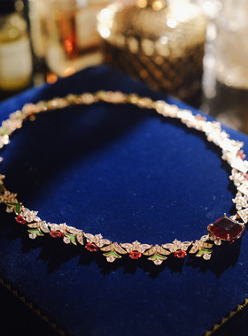 小众轻奢设计高级感红宝石颈链choker新娘晚宴礼服项链配饰彩色女