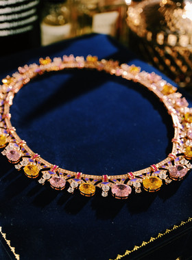 法式爆闪重工彩色黄钻粉色choker颈链新娘晚宴礼服项链大气复古