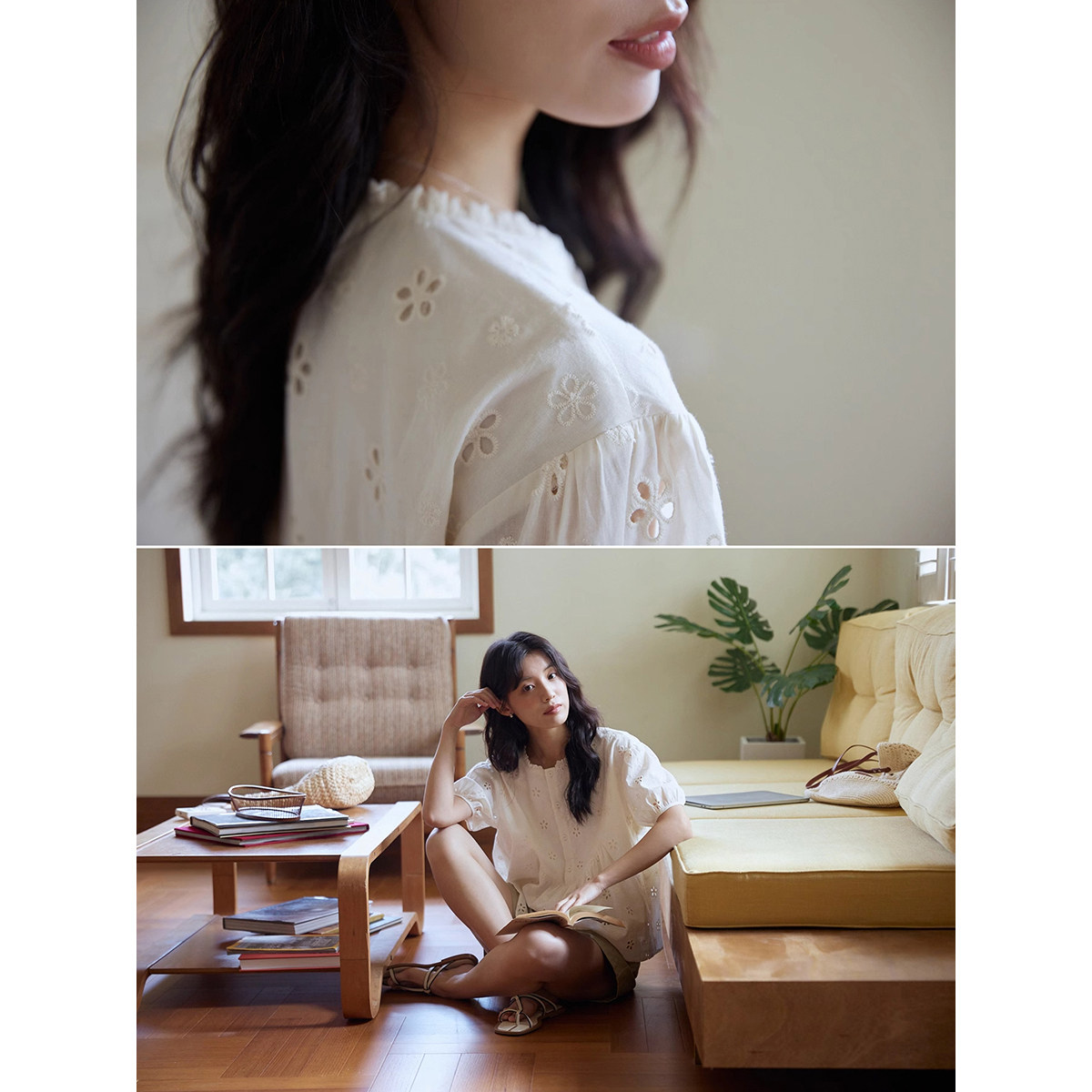 独特漂亮杏色绣花镂空泡泡袖衬衫女夏季法式木耳边圆领娃娃衫上衣,淘宝优惠券,粉丝福利购,淘宝优惠卷