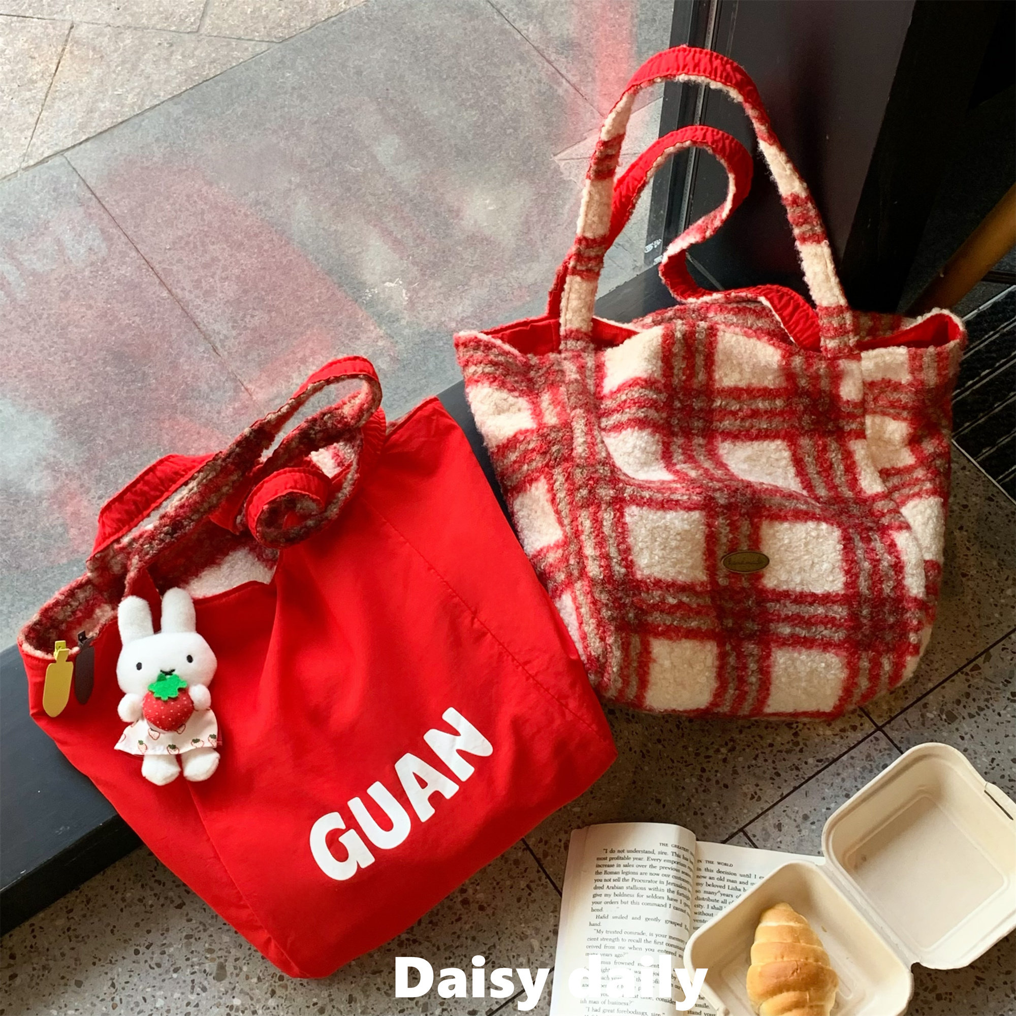 新年红格纹毛绒双面托特包女2025秋冬新款大容量通勤单肩手提包包,淘宝优惠券,粉丝福利购,淘宝优惠卷