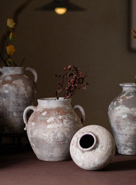 仿古粗陶罐花瓶茶室插花装饰摆件