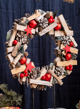 天然木棒松果花环摆台圣诞节摆件