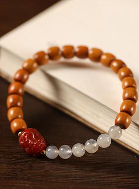 国潮【锦上花】小众轻奢女玉化黄油贡木桶珠搭配月光石单圈手链