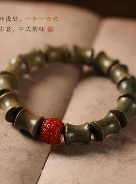 石来转运南红玛瑙回纹珠搭配绿檀竹节单圈男女情侣款木手串甜心奶