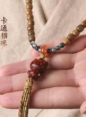 卡通猫咪国潮复古手串原创绿檀木桶型鼓珠搭玛瑙文玩多圈手串项链