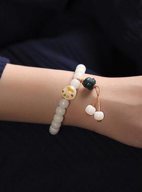 原创白玉菩提老型珠DIY炭烧可爱猫爪萌猫单圈手上盘玩手串男女款