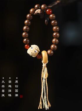 原创金丝檀DIY玉竹雕刻卡通萌趣蘑菇蟾财源广进创意跑环文玩手串