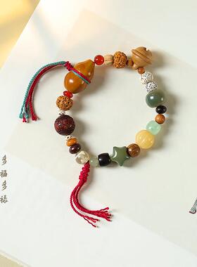 新中式多宝多福菩提手串 森系文艺橄榄核福禄葫芦穗子单圈手链女