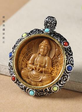 藏式复古弥勒佛/净瓶观音檀木雕刻坠子本命佛唐卡DIY毛衣链吊坠饰