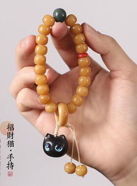 五福临门可爱好运萌猫搭配风化原色菩提根老型珠单圈手串盘玩手持