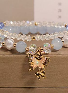 韩国小清新可爱蝴蝶女童手链网红小女孩森系水晶手串少女闺蜜手环