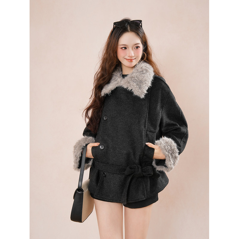 【丝绒黑巧】韩系毛呢外套深灰色短裤两件套女冬季慵懒风气质套装,淘宝优惠券,粉丝福利购,淘宝优惠卷