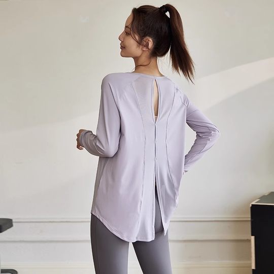 瑜伽服女宽松罩衫运动上衣后背开叉长袖透气速干跑步训练健身服