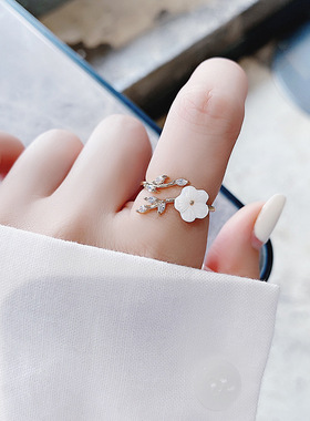 微镶甜美百搭爱心花朵开口指环手饰日韩流行闪钻水晶锆石花朵