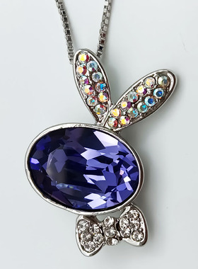 多彩水钻小兔子吊坠铜镀白金项链