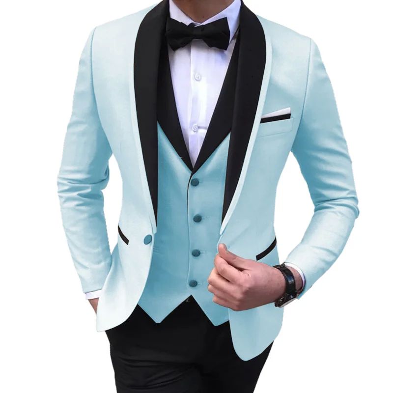 Blue Slit Mens Suits 3 Piece Black Shawl Lapel Casual Tuxedo - 图3