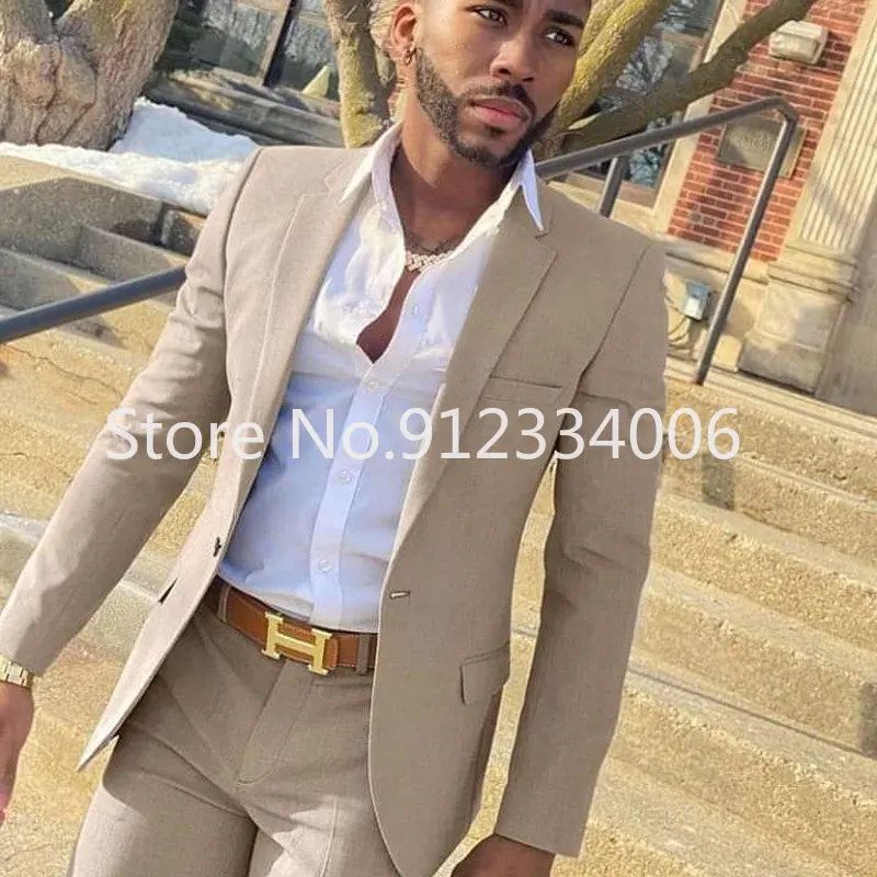 2 Pieces Beige Suit for Men Slim Fit Wedding Groom Tuxedo Gr - 图1