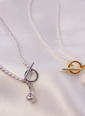 施家曼塔玫瑰紫珍珠项链法式高级感4mm小米贝珠OT扣锁骨链女颈链