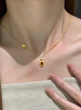 中式复古仿真金红玉髓椭圆项链