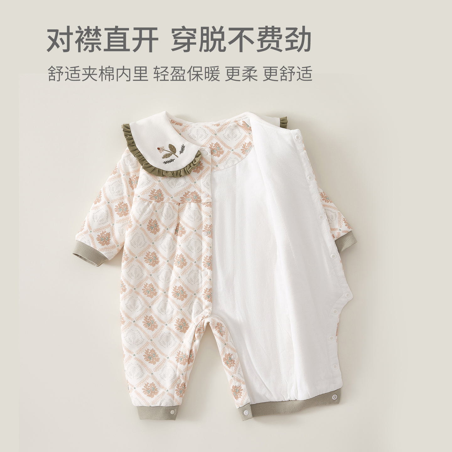 婴幼儿纯棉保暖连体衣秋冬款A类宝宝长袖翻领印花哈衣外出爬服 - 图0