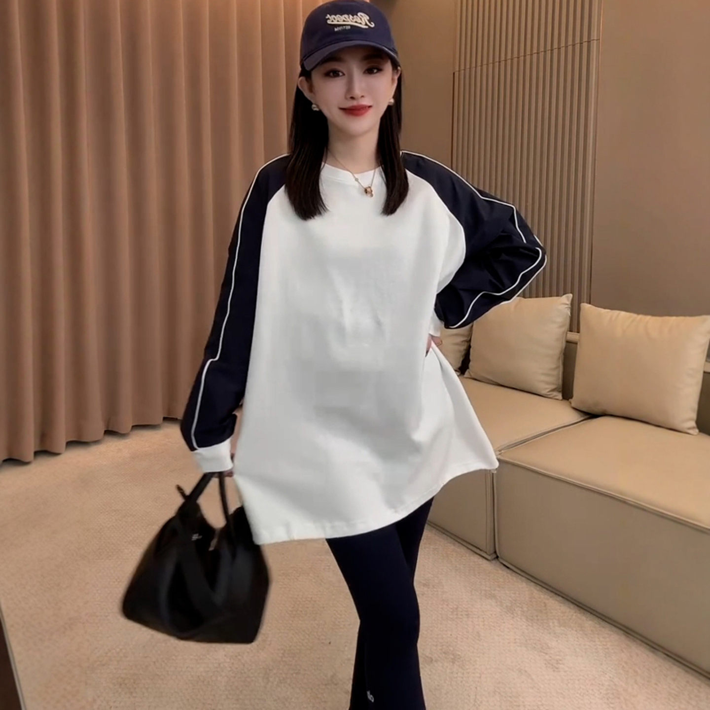 欧货明线设计感撞色拼接插肩长袖t恤女秋2025新款宽松中长款上衣 - 图0