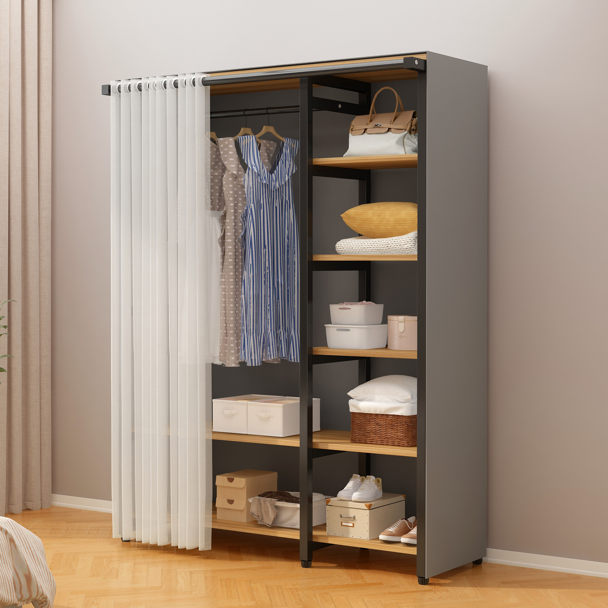 金属衣柜开放式防尘衣帽架卧室挂衣架出租屋简易衣橱柜落地收纳架,淘宝优惠券,粉丝福利购,淘宝优惠卷