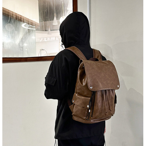 复古双肩包男通勤商务男士皮包皮质书包大容量女电脑旅行背包男款 - 图1