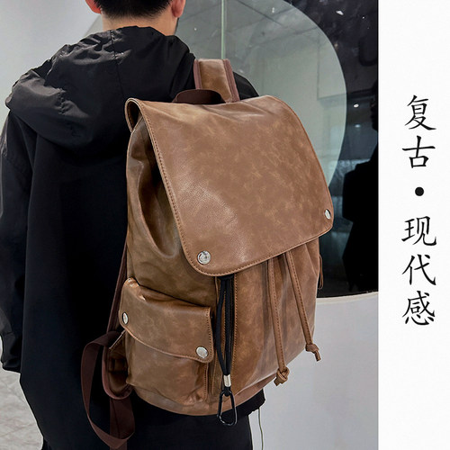 复古双肩包男通勤商务男士皮包皮质书包大容量女电脑旅行背包男款 - 图0