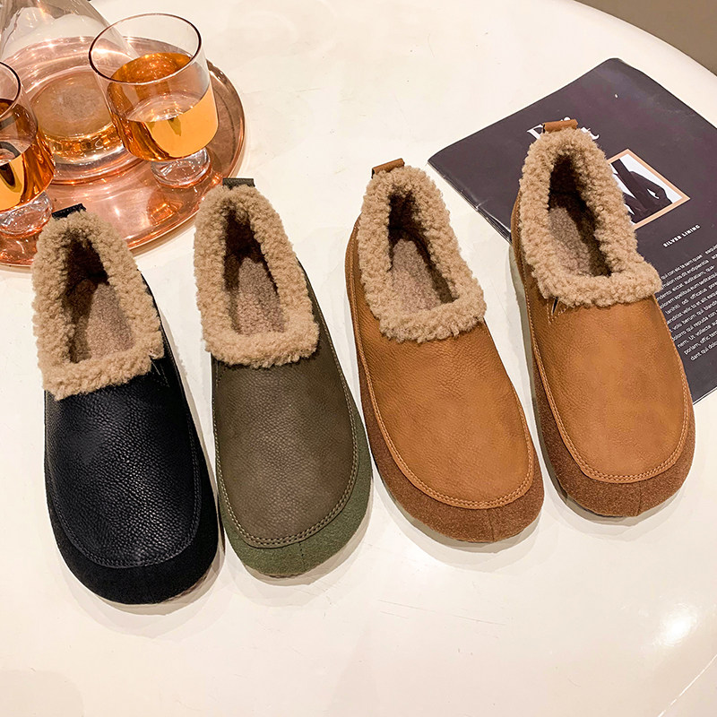 豆豆鞋女冬加绒保暖雪地靴毛毛鞋2023年圆头平底软皮一脚蹬棉鞋,淘宝优惠券,粉丝福利购,淘宝优惠卷