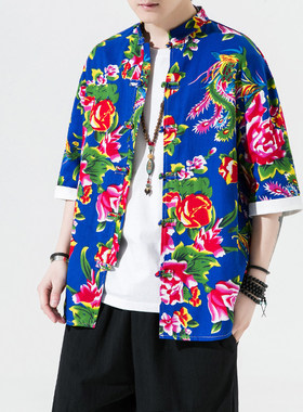 Men's cartoon digital printed shirt男士卡通数码印花短袖衬衫