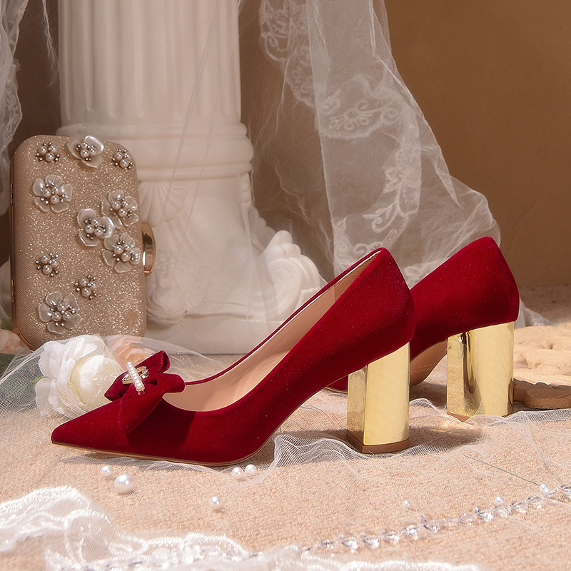 粗跟婚鞋女2024年新款孕妇可穿新娘鞋不累脚小众高级感红色秀禾鞋-图3