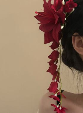willa|红色仿真铃兰花流苏发夹高级头饰出游拍照氛围感神器发卡