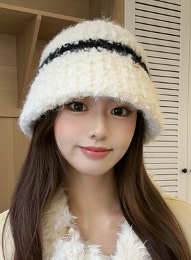白色针织毛线帽女秋冬防寒保暖显脸小护耳帽复古百搭韩系包头帽子