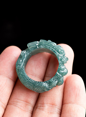 高档天然A货蓝水翡翠龙王戒指立体雕冰种玉石男戒指玉指环龙扳指