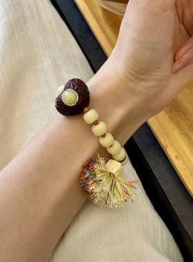 原创牛骨桶珠文玩手链手串搭配紫檀镶嵌爱心象牙果奶酪时尚配饰