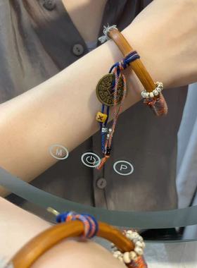 金刚藤手镯搭配藏式手编流苏纯铜山鬼花钱币手镯民族风木质复古镯