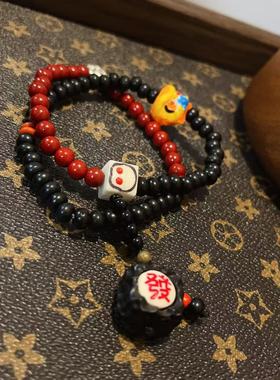 椰蒂朱砂双圈手链喜主阿呆黑檀无相发牌根付醒狮多宝文玩手串